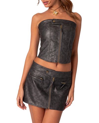Edikted Ziva Lace Up Strapless Faux Leather Corset Top - Black
