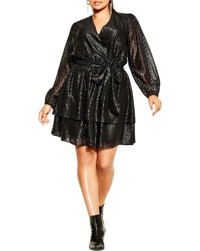 City Chic Glimmer Faux Wrap Long Sleeve Minidress - Black