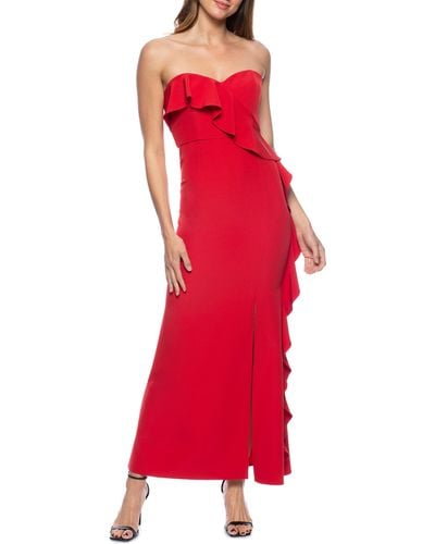 Marina Cascade Ruffle Off The Shoulder Gown - Red
