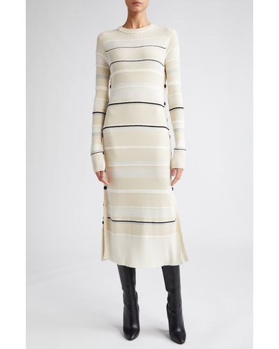 Proenza Schouler Textured Stripe Long Sleeve Midi Sweater Dress - Natural