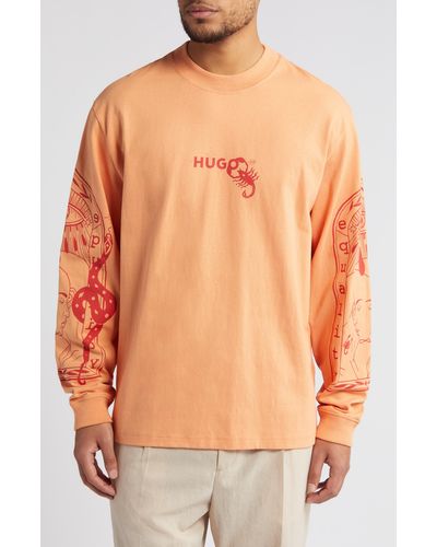 HUGO Dequaliom Graphic Long Sleeve T-shirt - Orange