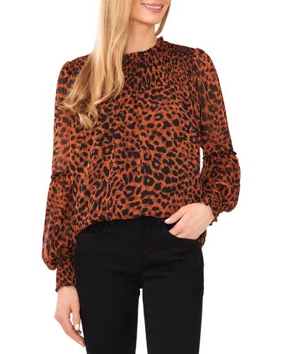 Cece Leopard Print Smocked Long Sleeve Blouse - Brown