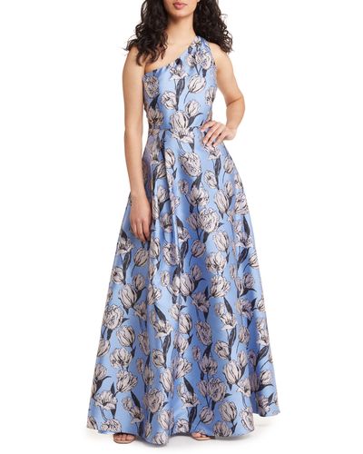 Lulus Exquisite Elegance Floral Jacquard One-shoulder A-line Gown - Blue