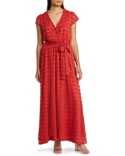 Donna Ricco Wrap Front Tie Waist Maxi Dress - Red
