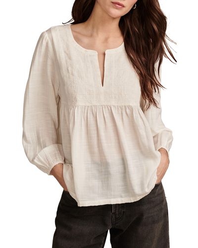 Lucky Brand Embroidered Long Sleeve Peasant Top - Natural