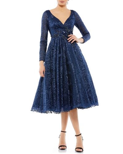 Mac Duggal Lace Long Sleeve Fit & Flare Cocktail Dress - Blue