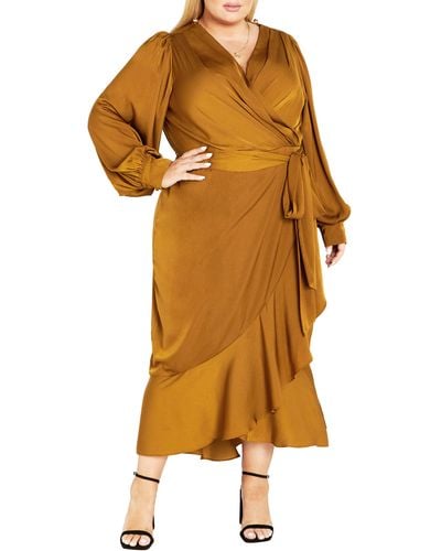 City Chic Ophelia Long Sleeve Faux Wrap Maxi Dress - Orange
