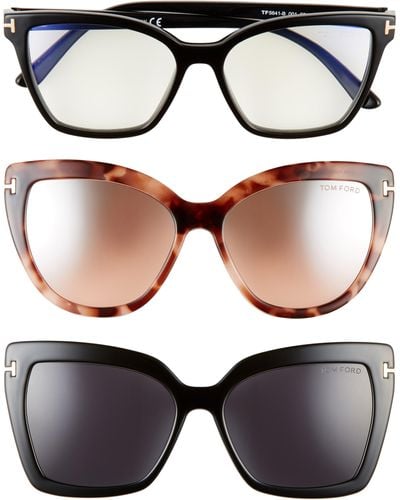Tom Ford 53mm Blue Light Blocking Cat Eye Glasses & Interchangeable Sunglasses Clips Set - Black