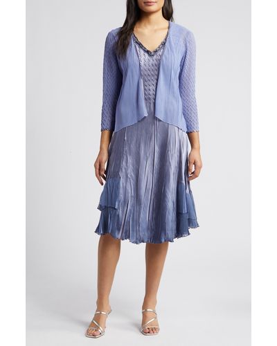 Komarov Beaded V-neck Charmeuse Dress With Chiffon Jacket - Blue