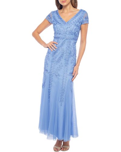 Marina Beaded Cap Sleeve Tulle Gown - Blue