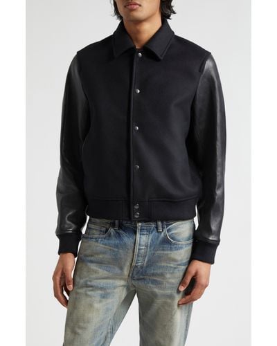 John Elliott Wool Blend & Leather Varsity Jacket - Black