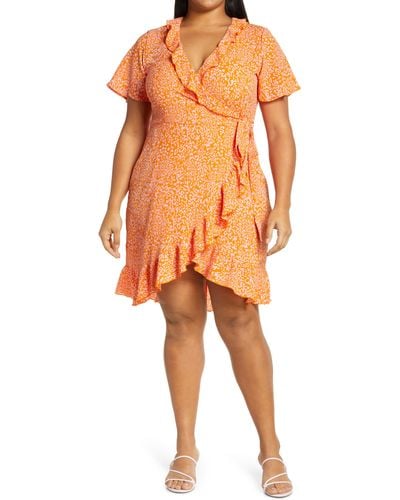 Vero Moda Deliliah Print Ruffle Trim Wrap Dress - Orange