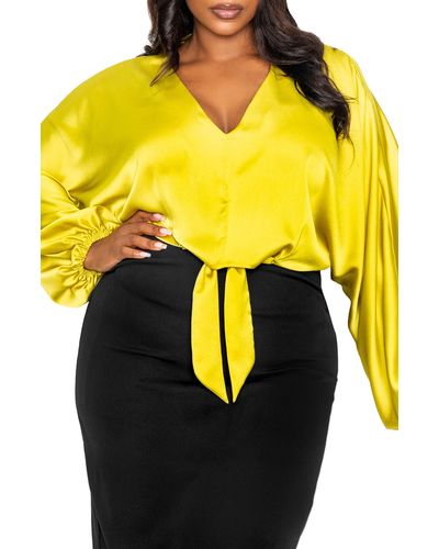 Buxom Couture Tie Front Long Sleeve Satin Blouse - Yellow