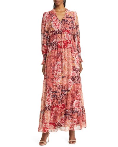 Julia Jordan Floral Smocked Waist Long Sleeve Maxi Dress - Red