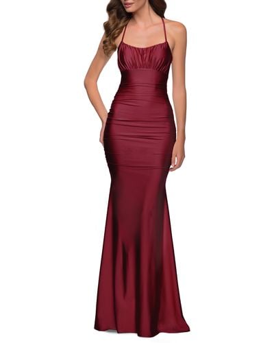 La Femme Shiny Jersey Trumpet Gown - Red