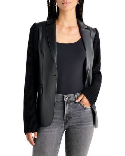 Splendid Adina Faux Leather & Rib Sleeve Blazer - Black