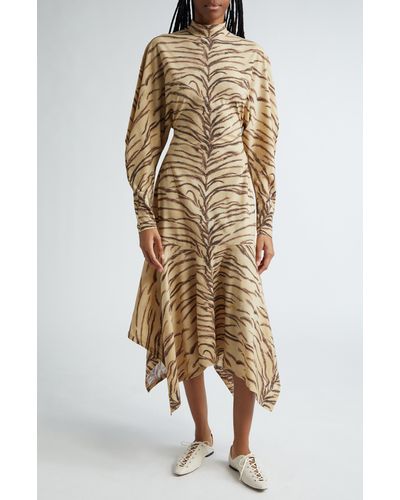 Stella McCartney Tiger Stripe Long Sleeve Mock Neck Dress - Natural