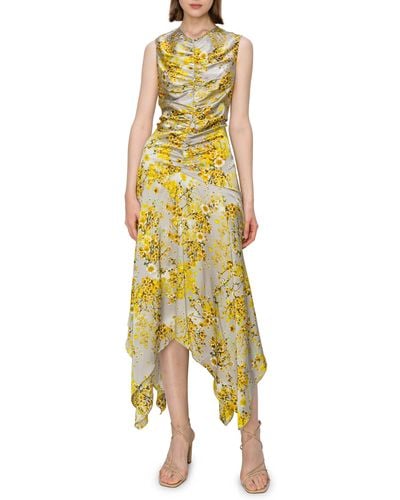 MELLODAY Floral Print Ruched Satin Midi Dress - Yellow