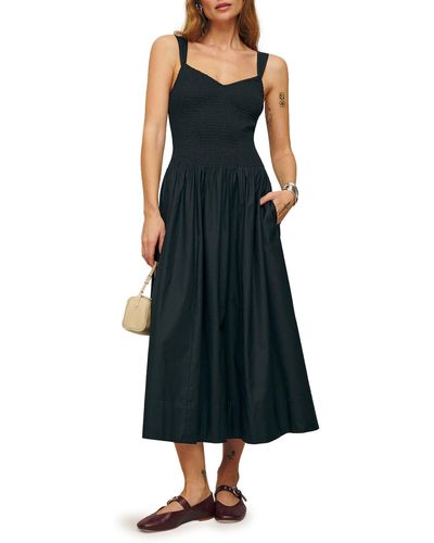 Reformation Sariah Smocked Organic Cotton Midi Dress - Black