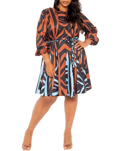 Buxom Couture Bishop Sleeve Belted Fit & Flare Dress - Orange