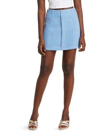 All In Favor Imitation Pearl Decorative Button Tweed Miniskirt In At Nordstrom, Size X-small - Blue