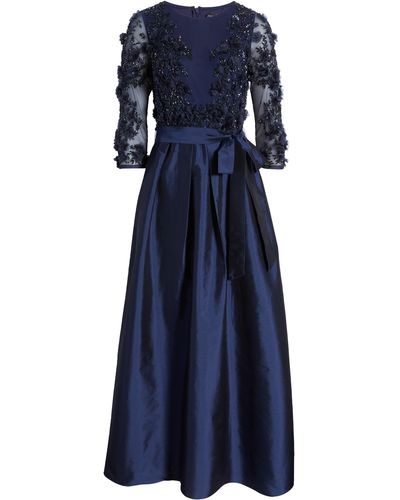 Pisarro Nights 3d Floral Beaded Taffeta Dress - Blue
