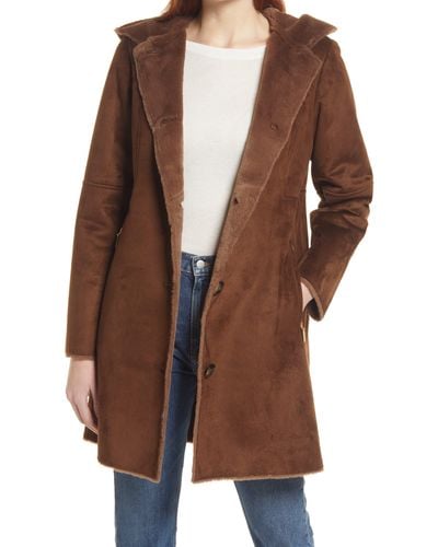 Gallery Hooded Faux Suede & Faux Shearling A-line Coat - Brown