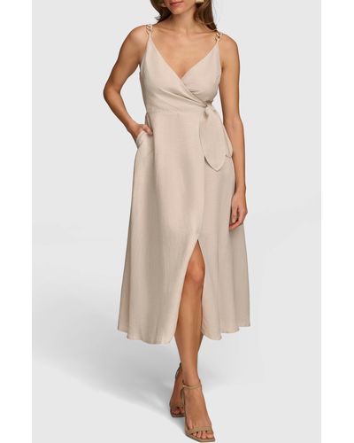 Donna Karan Faux Wrap Linen Blend Midi Dress - Natural