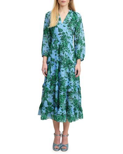 LK Bennett Eleanor Print Long Sleeve Ruffle Maxi Dress - Green