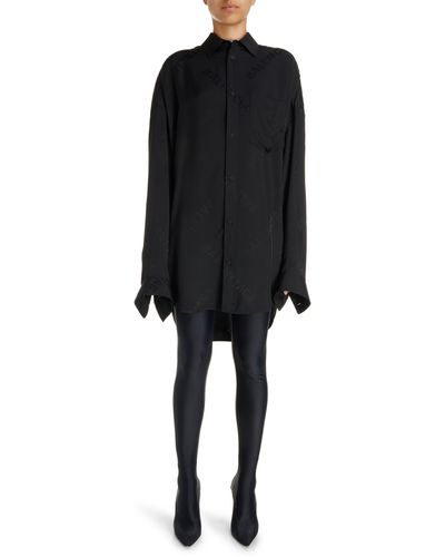 Balenciaga Logo Jacquard Cocoon Long Sleeve High-low Shirtdress - Black
