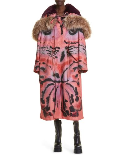 Altuzarra Apollo Abstract Print Faux Fur Detail Hooded Coat - Red