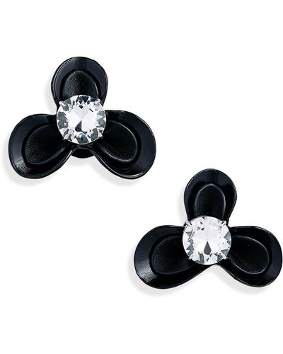 Area Leather & Crystal Flower Stud Clip-on Earrings - Black