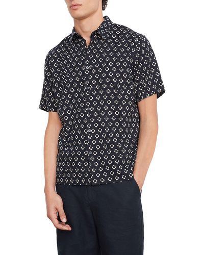 Vince Geometric Floral Short Sleeve Linen Blend Button-up Shirt - Black