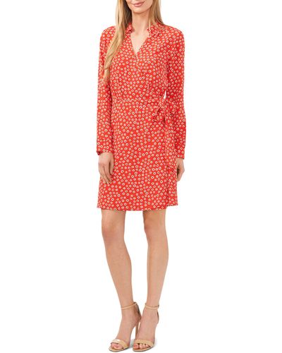 Cece Floral Long Sleeve Faux Wrap Shirtdress - Red