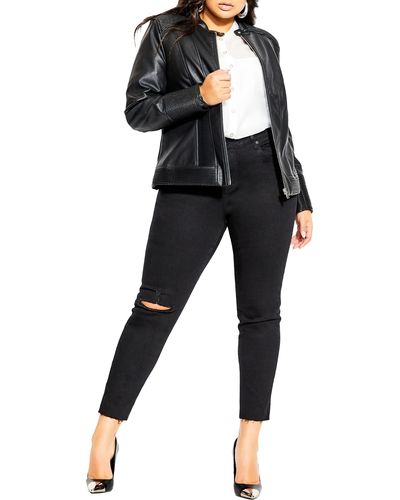 City Chic Ribbed Faux Leather Biker Jacket - Black