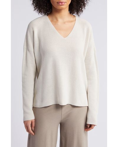 Eileen Fisher V-neck Organic Cotton Pullover Sweater - Natural