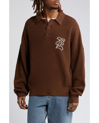Elwood Oversize Long Sleeve Sweater Polo - Brown