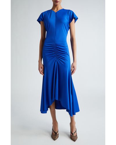 Victoria Beckham Asymmetric Hem Ruched Jersey Midi Dress - Blue