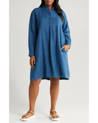 Eileen Fisher Band Collar Long Sleeve Organic Linen Shirtdress - Blue