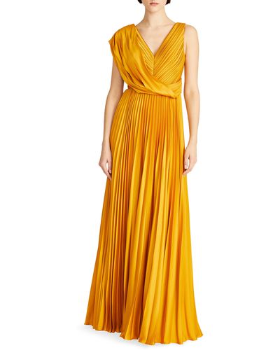THEIA Breanne Pleated Satin Gown - Yellow