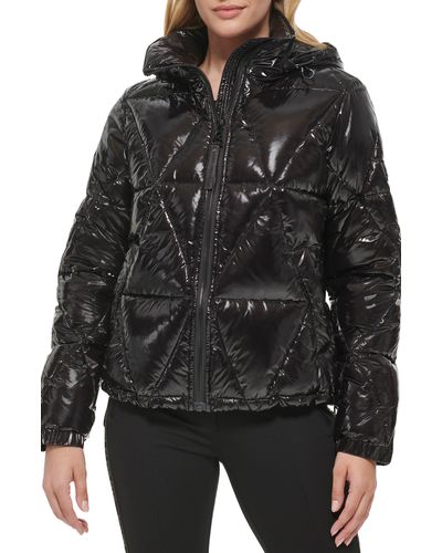 Karl Lagerfeld Water Resistant Down & Feather Fill Short Hooded Puffer Coat - Black