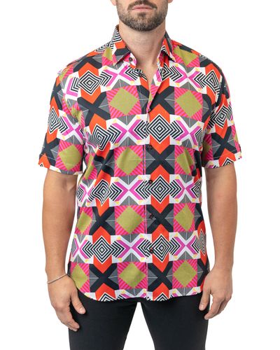 Maceoo Galileo Geometric Short Sleeve Egyptian Cotton Button-up Shirt - Red