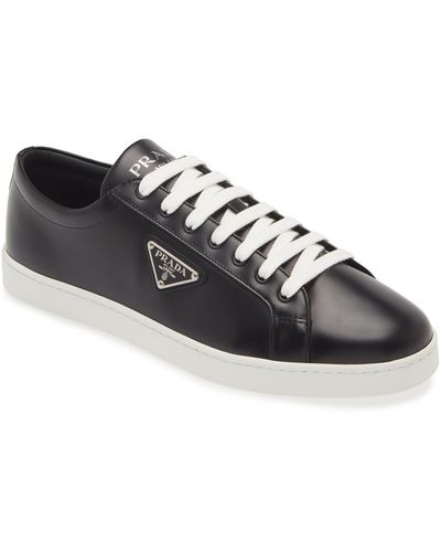 Prada Lane Triangle Logo Low Top Leather Sneaker - Black