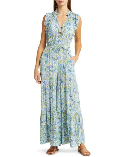 Poupette Belene Floral Tiered Ruffle Cover-up Jumpsuit - Blue
