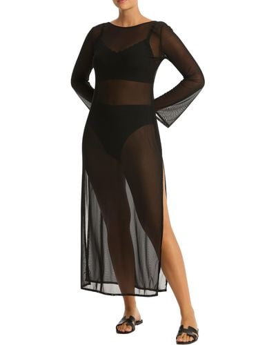 Sea Level Day Club Long Sleeve Mesh Cover-up Dress - Black