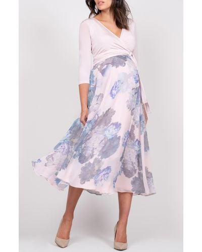 Seraphine Floral Print Wrap Maternity/nursing Midi Dress - White