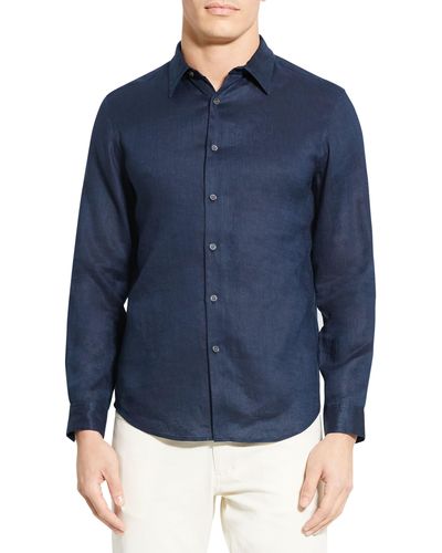 Theory Irving Solid Linen Button-up Shirt - Blue