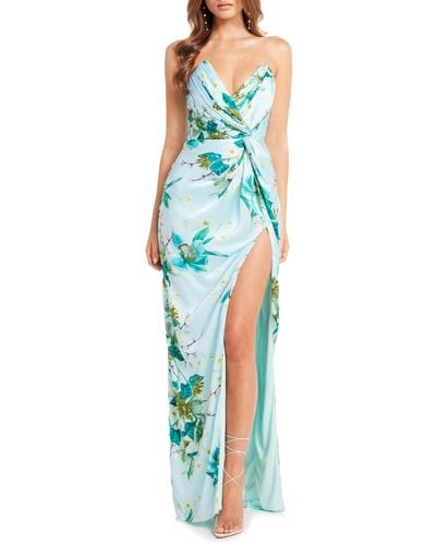 Katie May Finn Floral Strapless Sheath Gown - Blue