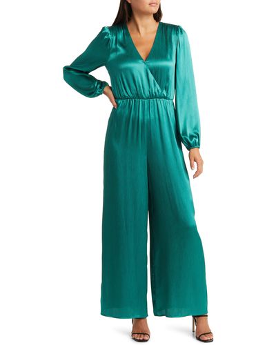 FLORET STUDIOS Textured Long Sleeve Satin Jumpsuit - Green