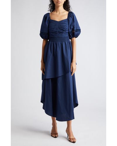 Ramy Brook Persephone Puff Sleeve Cotton Midi Dress - Blue